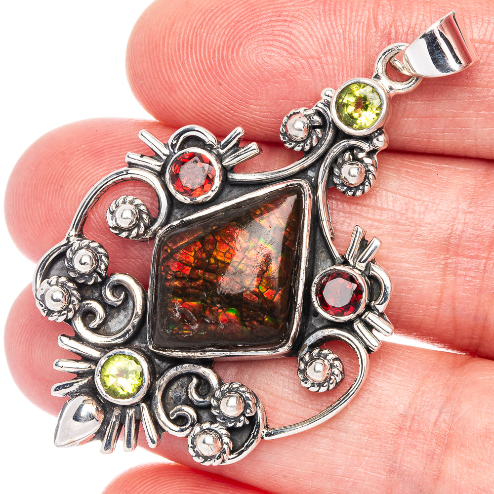 Signature Ammolite, Garnet, Peridot Pendant 2 1/8" (925 Sterling Silver) P41179