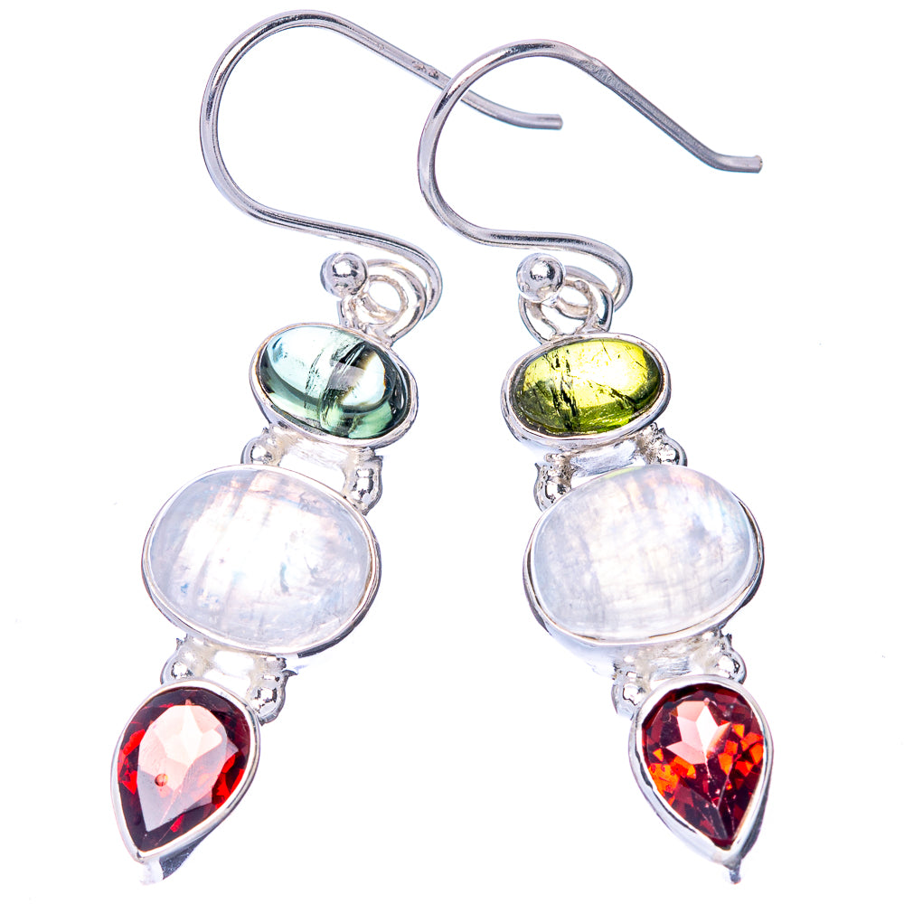 Rainbow Moonstone, Peridot, Garnet 925 Sterling Silver Earrings 1 1/2" (925 Sterling Silver) E1425