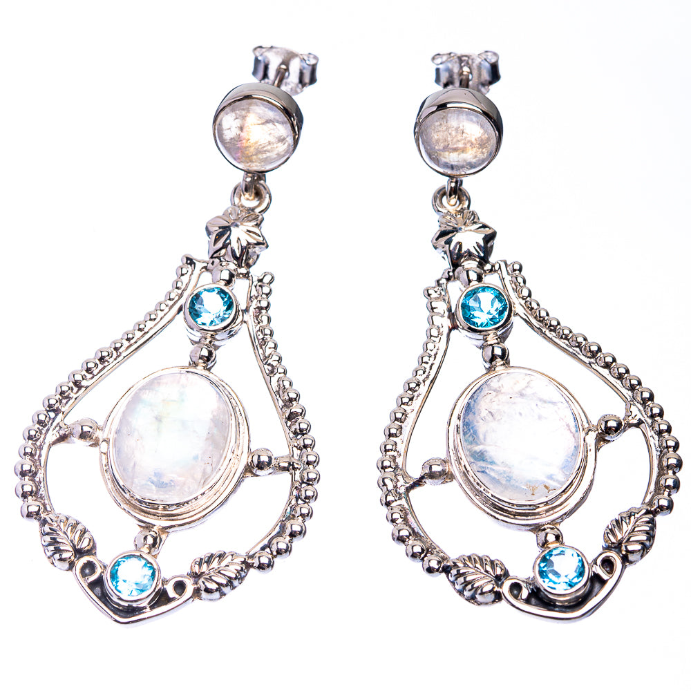 Signature Rainbow Moonstone, Blue Topaz Earrings 2 1/8" (925 Sterling Silver) E432339