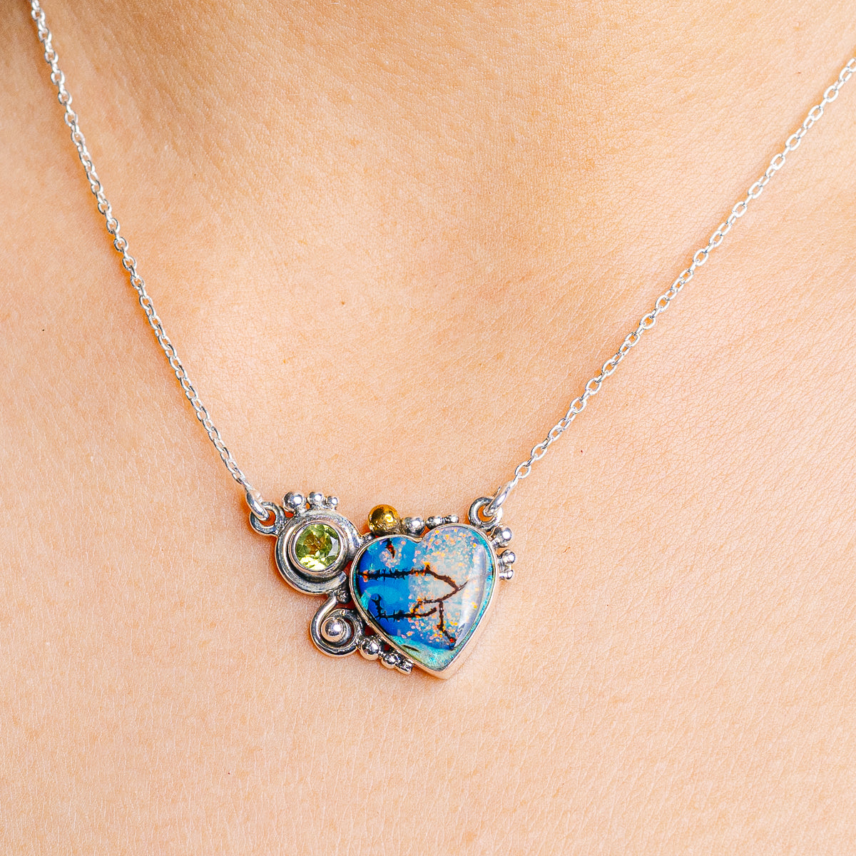 Sterling Opal Heart, Peridot Necklace 16 to 18" (.925 Sterling Silver)