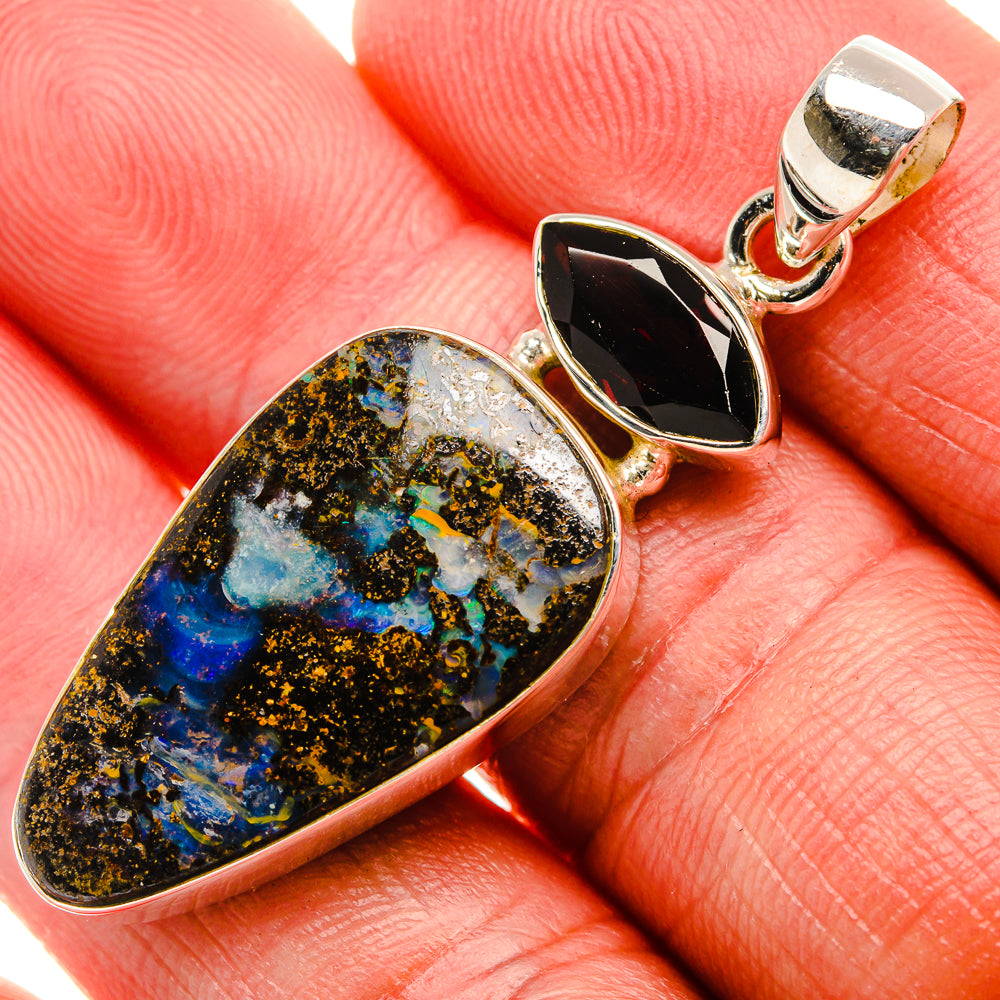 Boulder Opal, Garnet Pendant 1 7/8" (925 Sterling Silver) PD37924