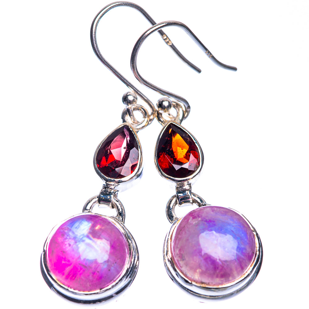 Pink Moonstone, Garnet Earrings 1 1/2" (925 Sterling Silver) E432701