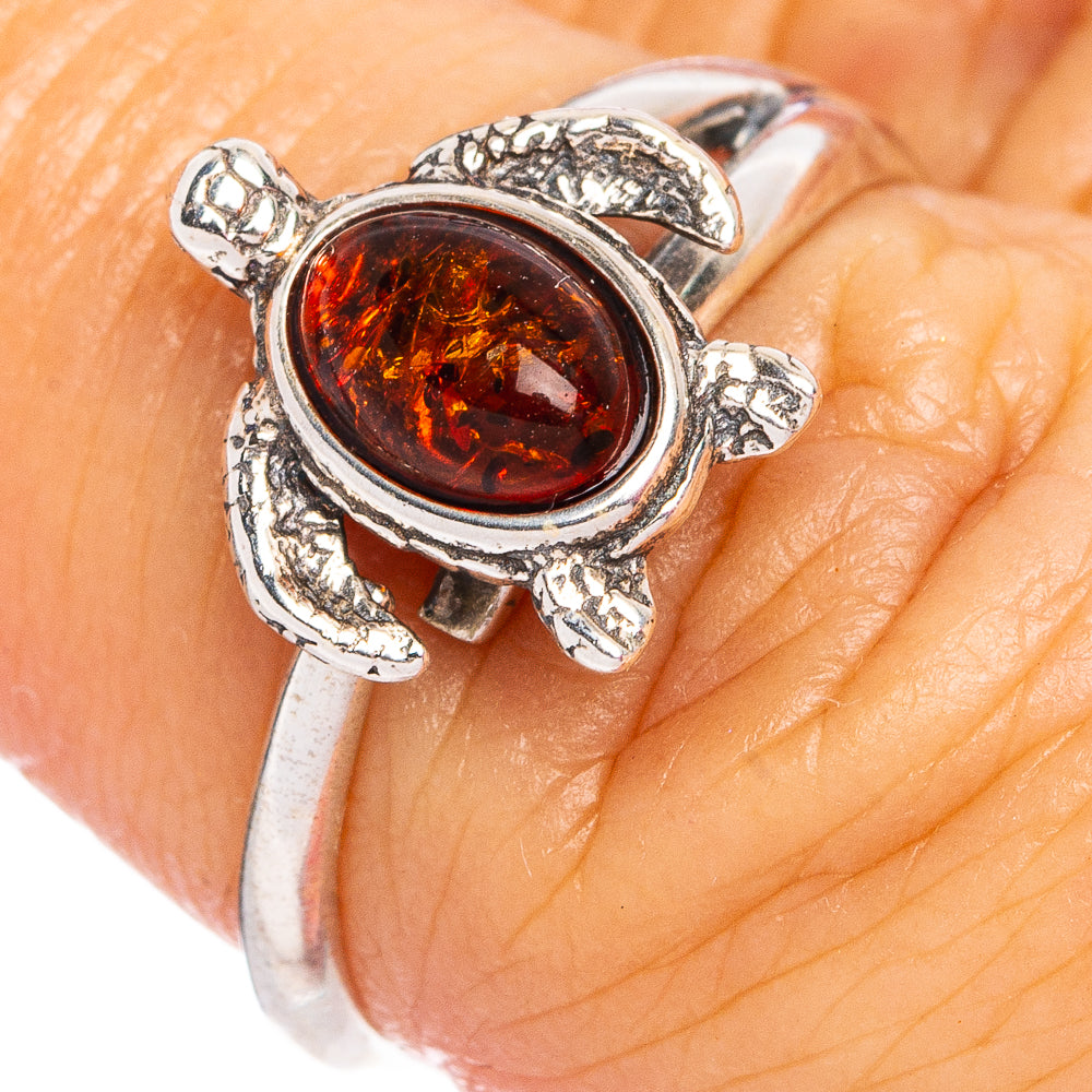 Baltic Amber Sea Turtle Ring Size 6 Adjustable (.925 Sterling Silver)