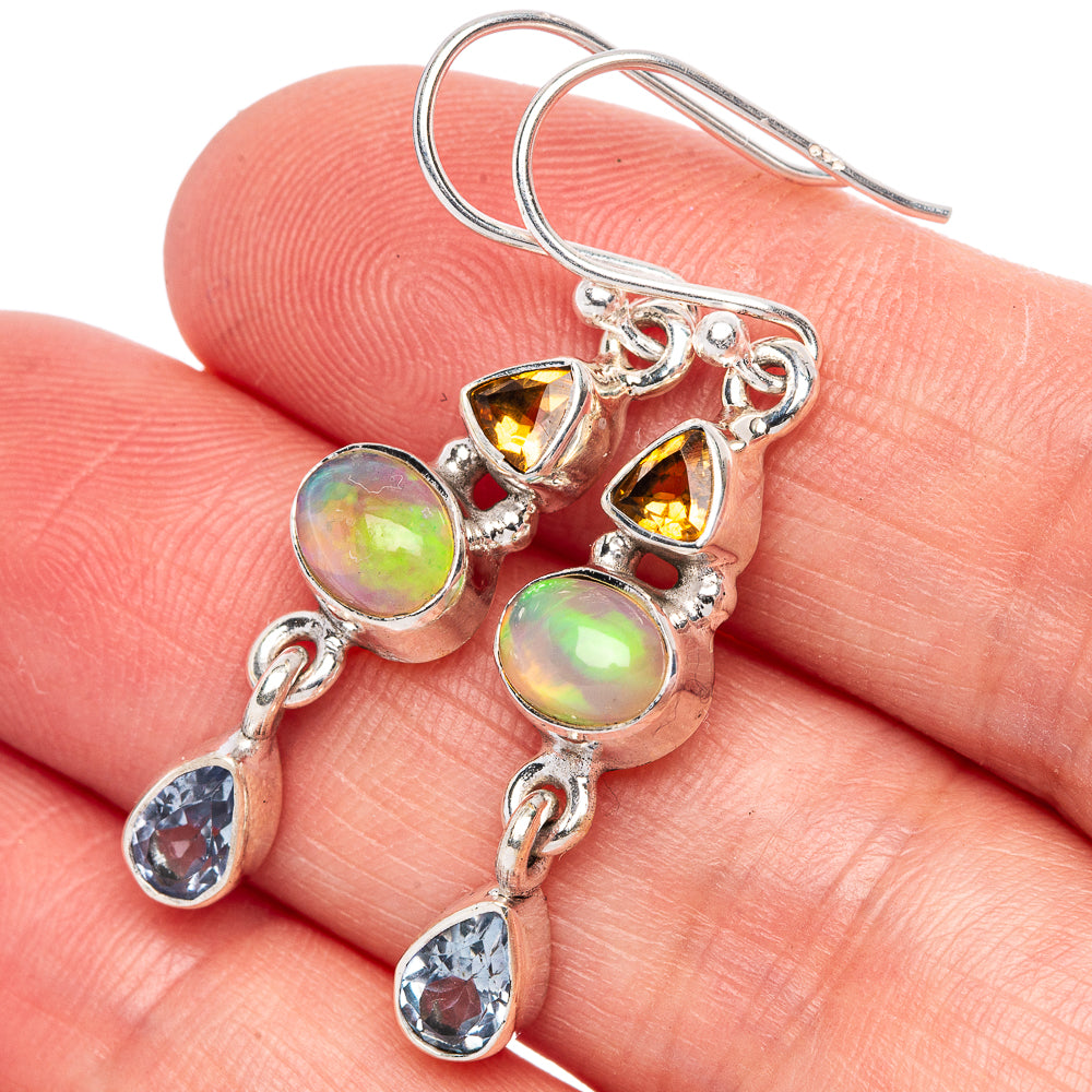 Rare Ethiopian Opal, Blue Topaz, Citrine Earrings 1 1/2" (925 Sterling Silver) E1405