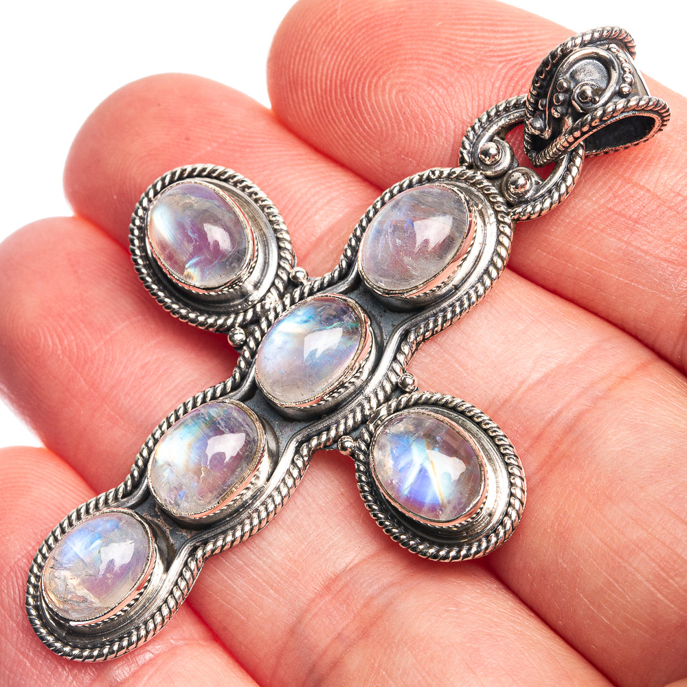 Rainbow Moonstone Cross 925 Sterling Silver Pendant 2 1/8"