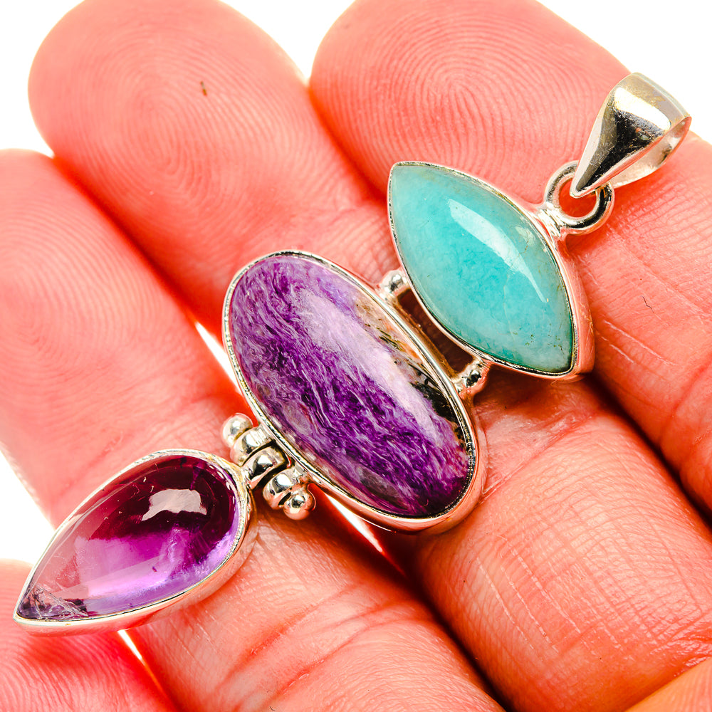 Charoite, Amethyst, Larimar 925 Sterling Silver Pendant 2 1/4" (925 Sterling Silver) PD38319