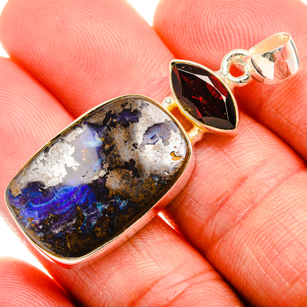 Boulder Opal, Garnet 925 Sterling Silver Pendant 1 3/4" (925 Sterling Silver) PD38324