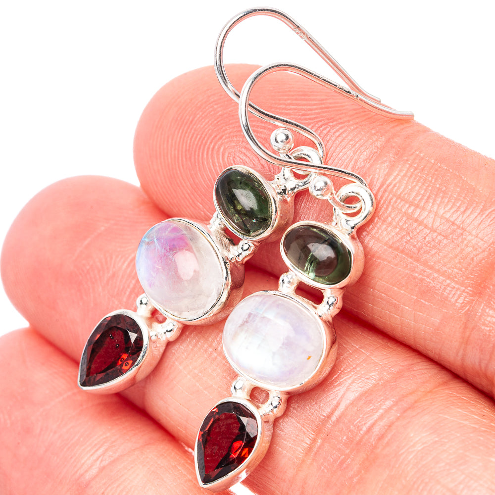 Rainbow Moonstone, Garnet, Green Tourmaline Earrings 1 5/8" (925 Sterling Silver) E1458