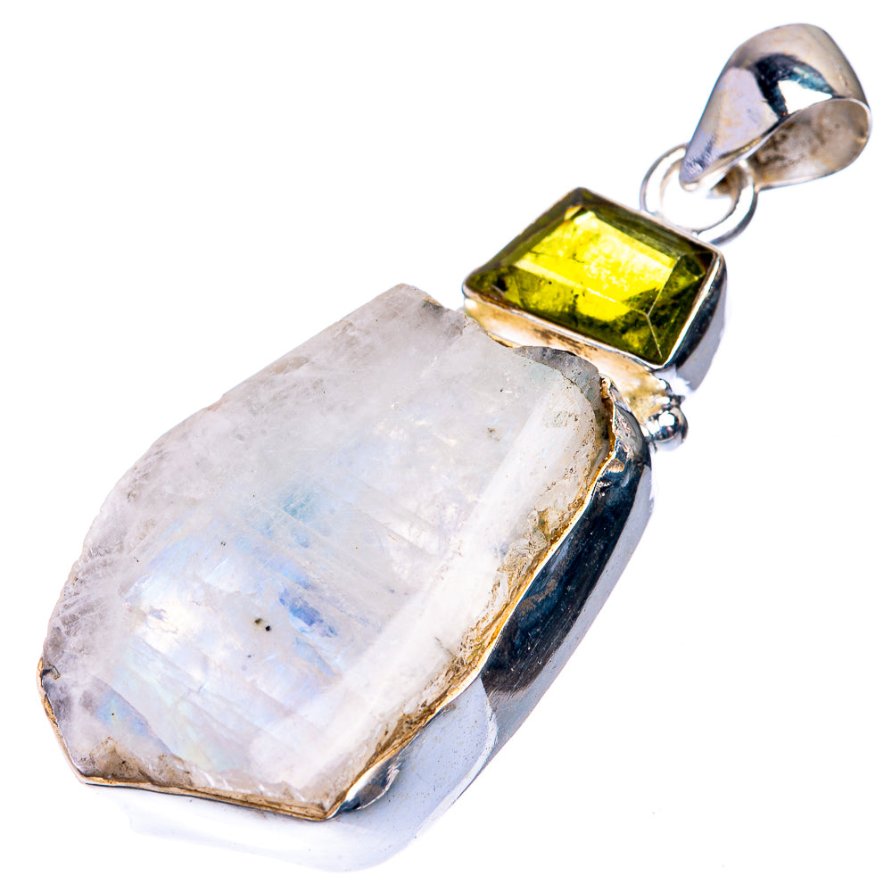 Raw Rainbow Moonstone, Peridot Pendant 1 7/8" (925 Sterling Silver) P39296