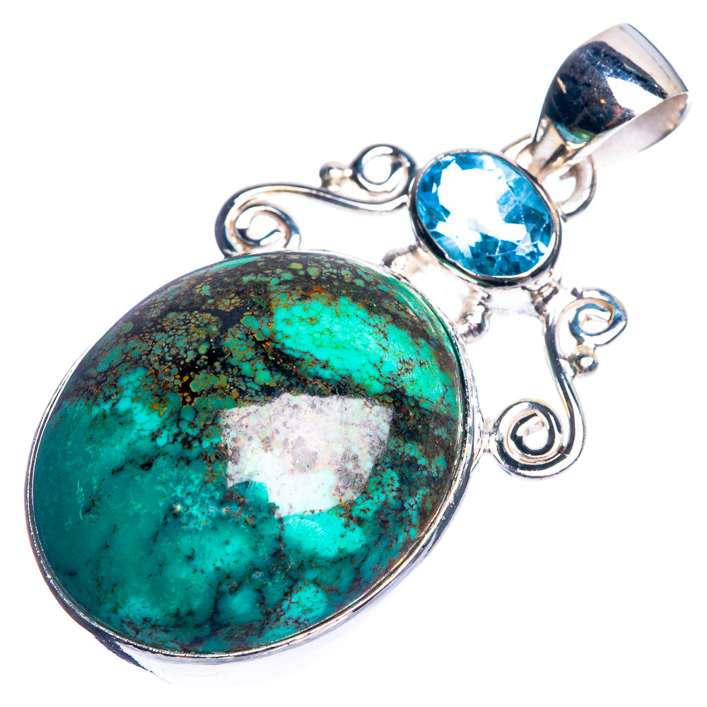 Tibetan Turquoise, Blue Topaz 925 Sterling Silver Pendant 1 3/4"