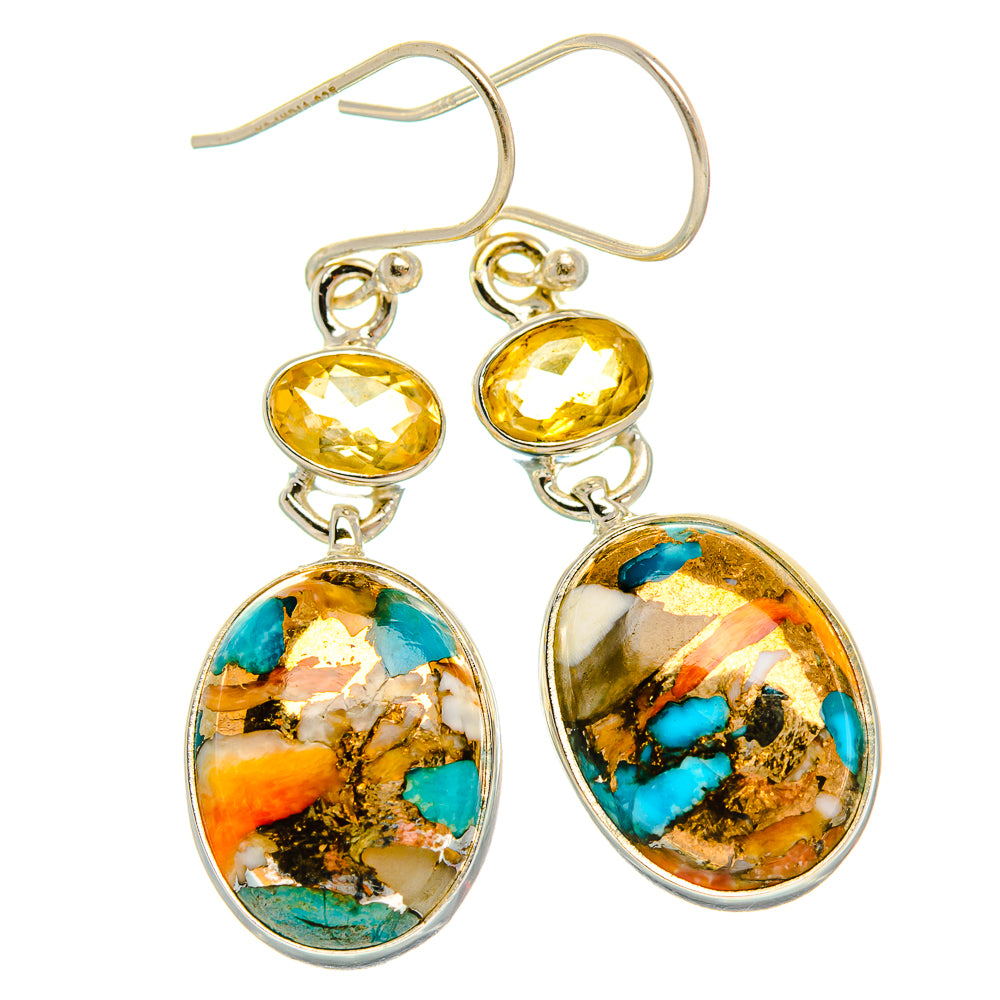 Spiny Oyster Turquoise, Citrine Earrings 1 3/4" (925 Sterling Silver) EARR432049