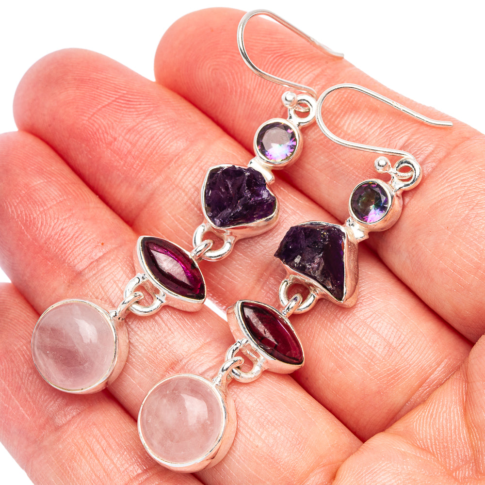 Premium Rose Quartz, Garnet, Amethyst, Mystic Topaz Earrings 2 1/4" (925 Sterling Silver) E1779