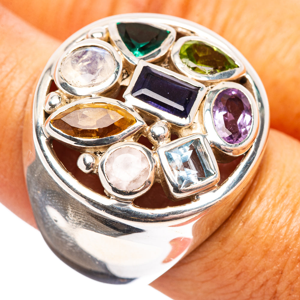 Premium Faceted Multi-Gem Tanzanite, Blue Topaz, Rose Quartz, Citrine, Rainbow Moonstone, Green Fluorite, Peridot, Amethyst Ring Size 7 (.925 Sterling Silver)