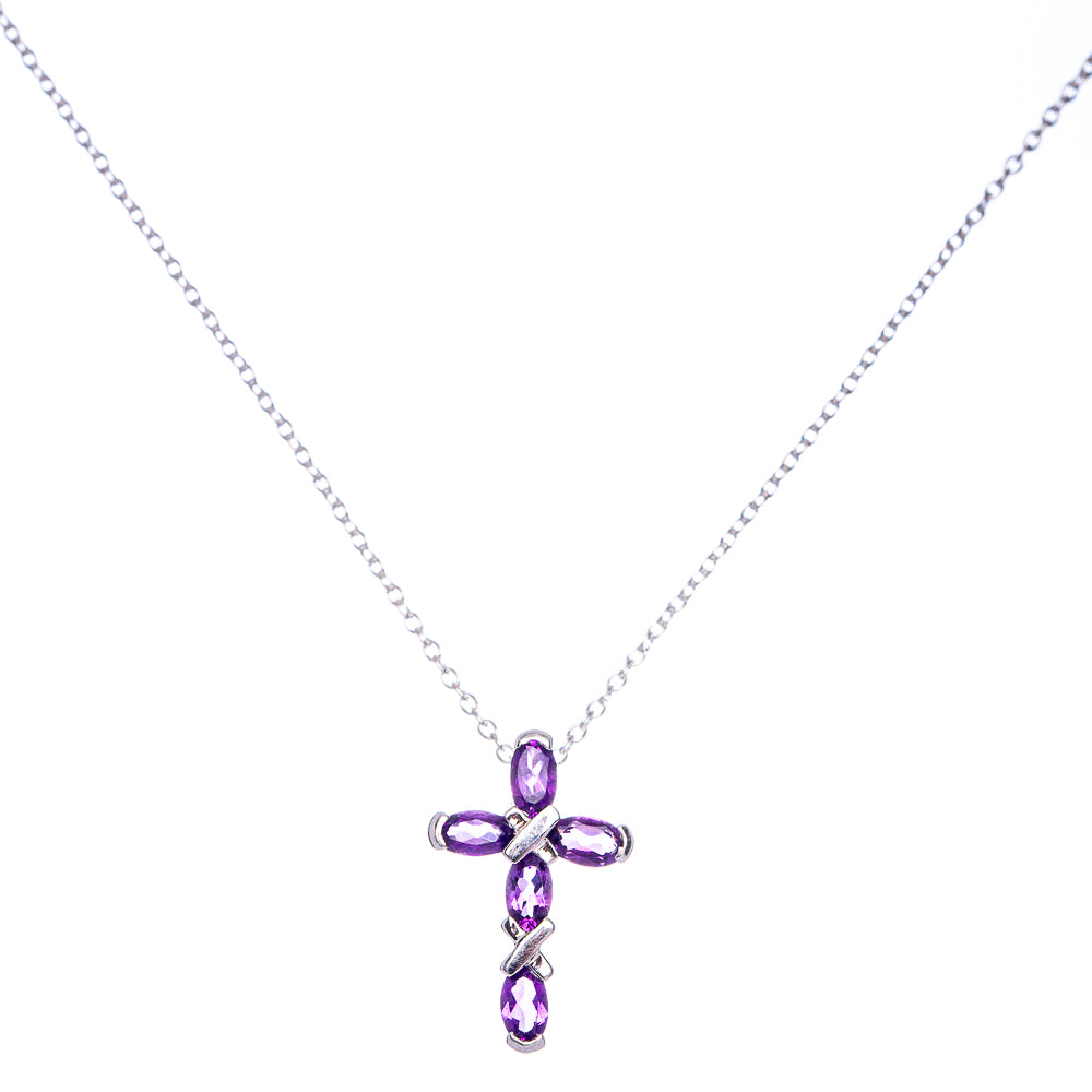 Faceted Amethyst Cross Necklace 18" (925 Sterling Silver) N90065