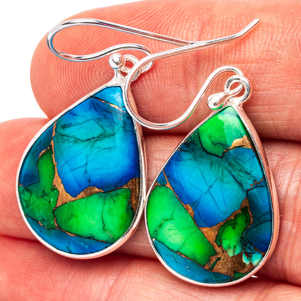 Green Blue Copper Turquoise Earrings 1 1/2" (.925 Sterling Silver)