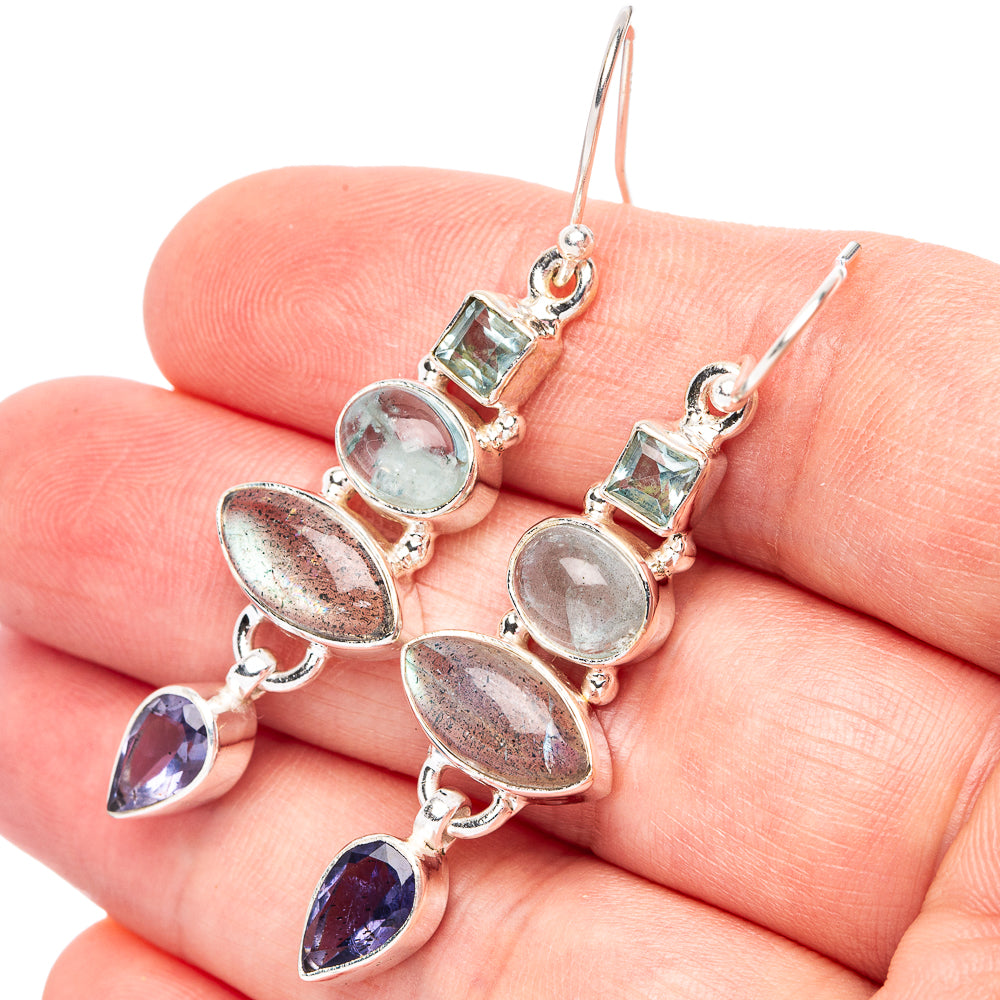 Labradorite, Aquamarine, Tanzanite, Blue Topaz 925 Sterling Silver Earrings 2" (925 Sterling Silver) E2148