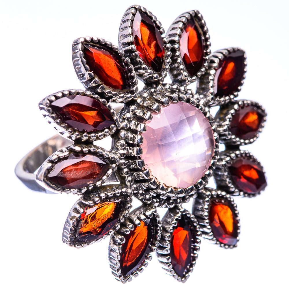 Large Rose Quartz, Garnet Ring Size 9 (925 Sterling Silver) R141174