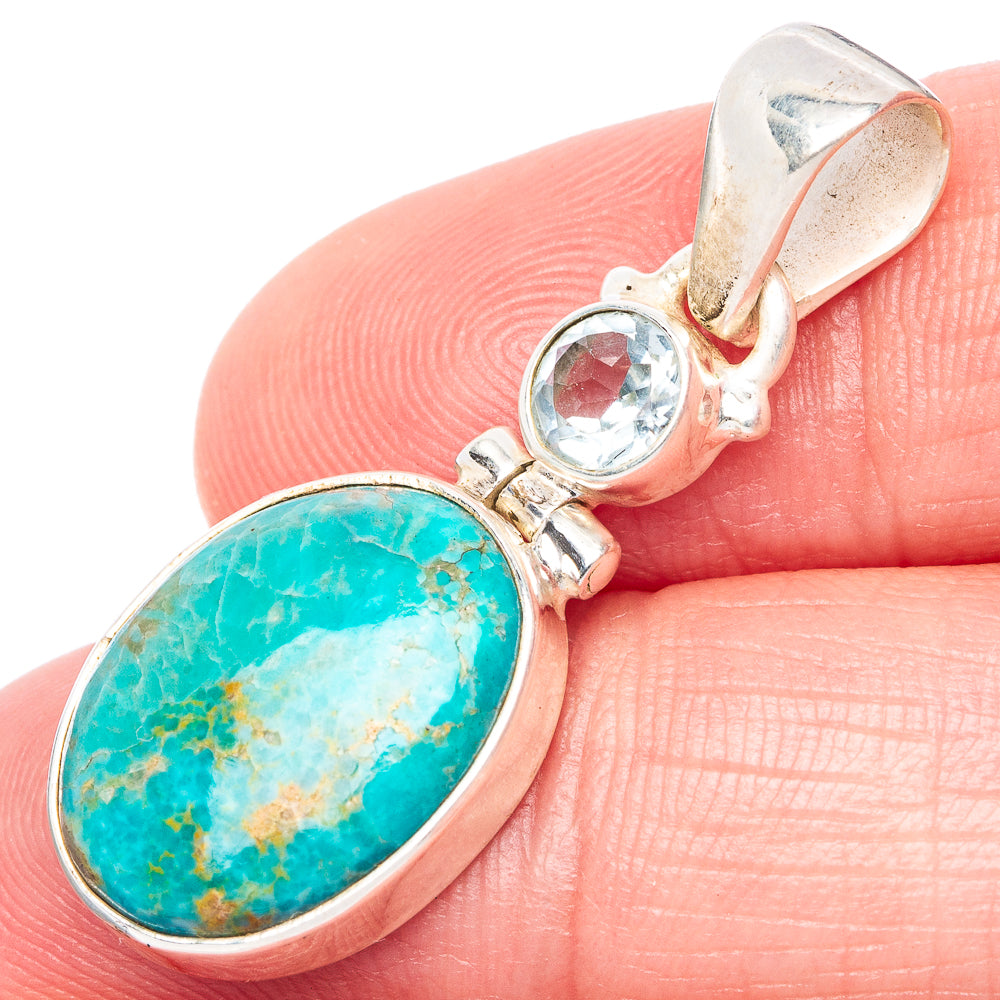 Rare Kingman Turquoise, Blue Topaz Pendant 1 3/8" (925 Sterling Silver) P41068