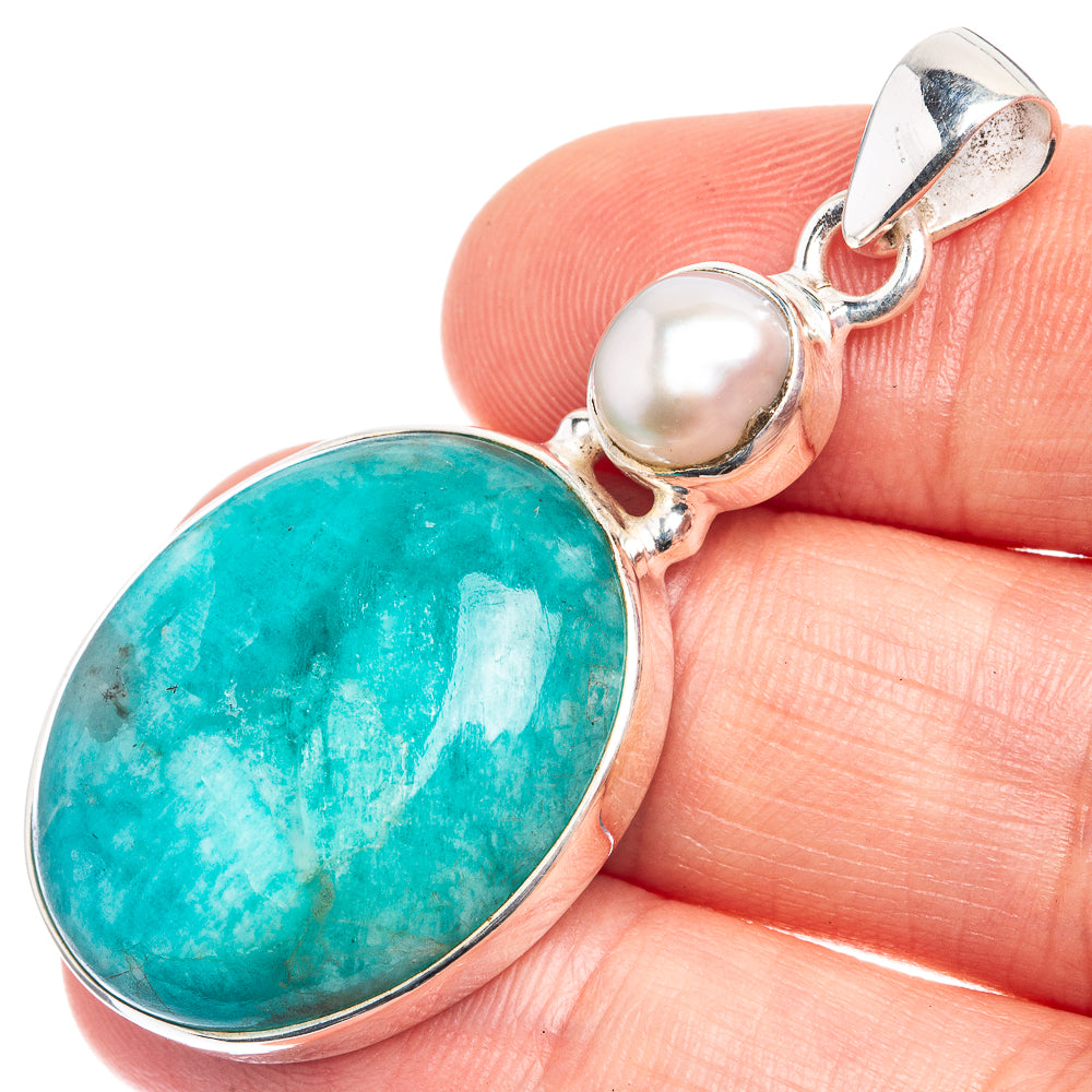 Peruvian Amazonite, Cultured Pearl Pendant 1 7/8" (925 Sterling Silver) P39287