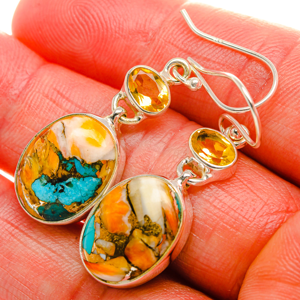 Spiny Oyster Turquoise, Citrine Earrings 1 3/4" (925 Sterling Silver) EARR431999