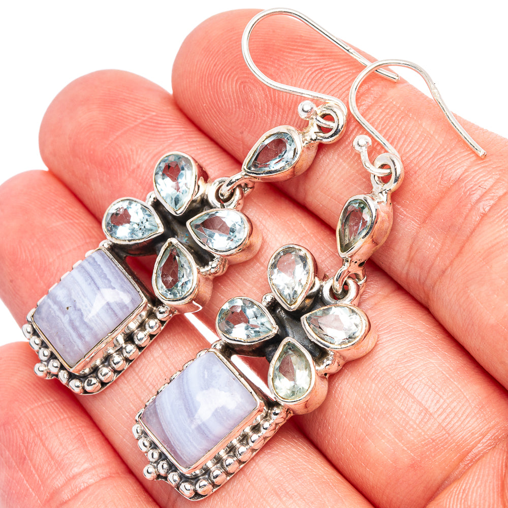 Premium Blue Lace Agate, Blue Topaz Earrings 2 1/8" (925 Sterling Silver) E1768
