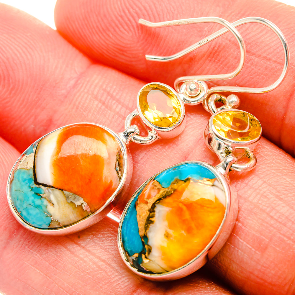 Spiny Oyster Turquoise, Citrine Earrings 1 3/4" (925 Sterling Silver) EARR432059
