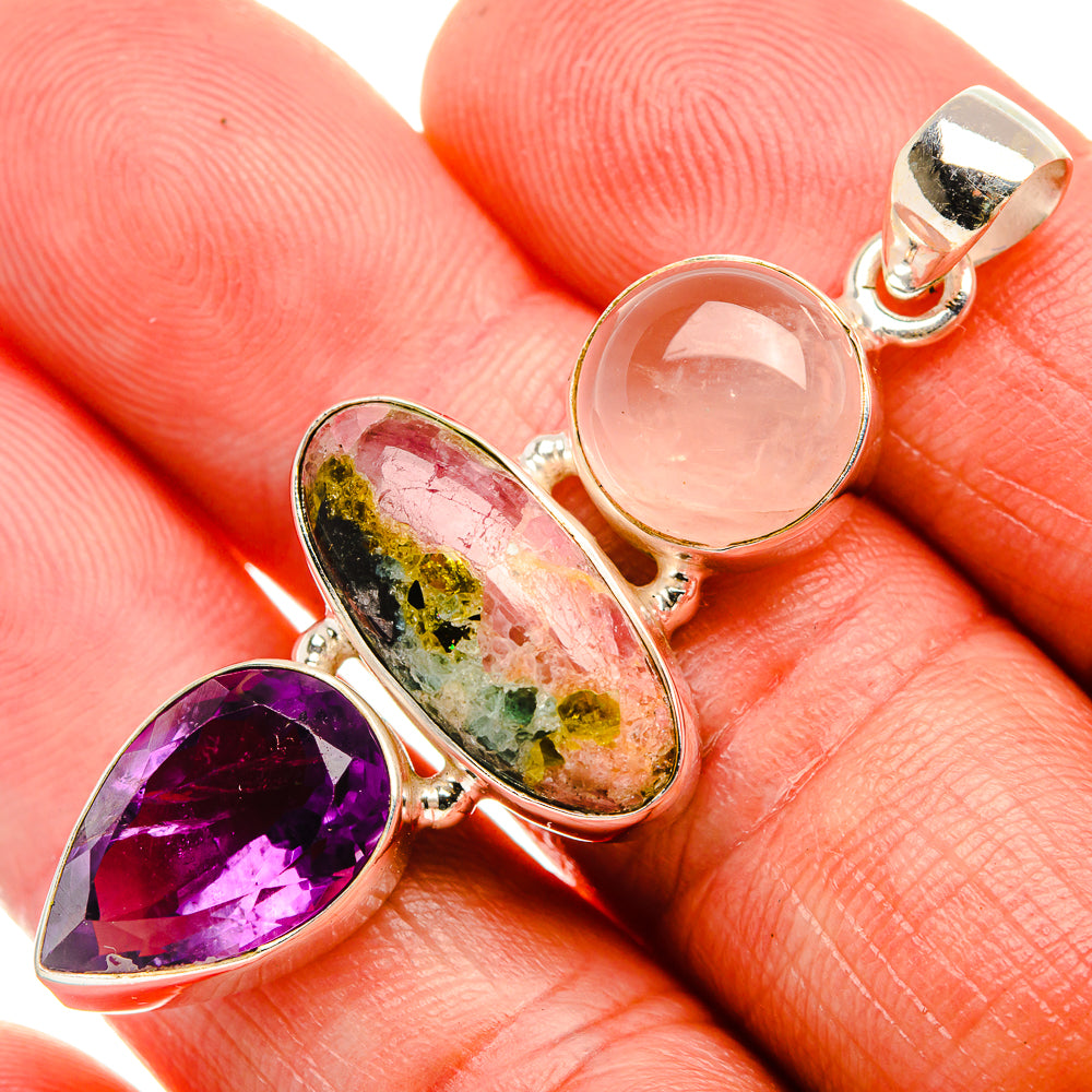 Natural Tourmaline, Rose Quartz, Amethyst 925 Sterling Silver Pendant 2" (925 Sterling Silver) PD38313