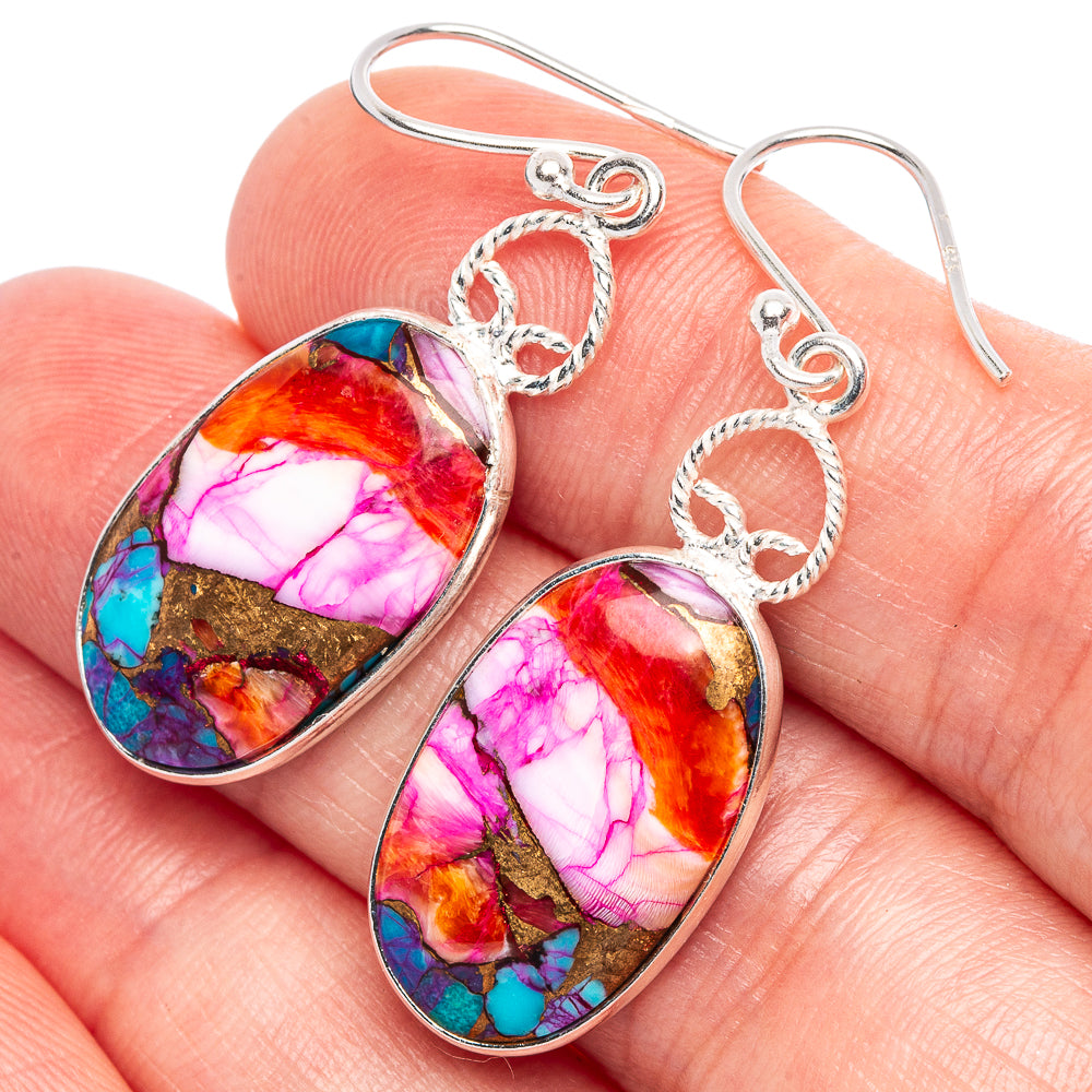 Kingman Pink Dahlia Turquoise Earrings 1 3/4" (925 Sterling Silver) E1903