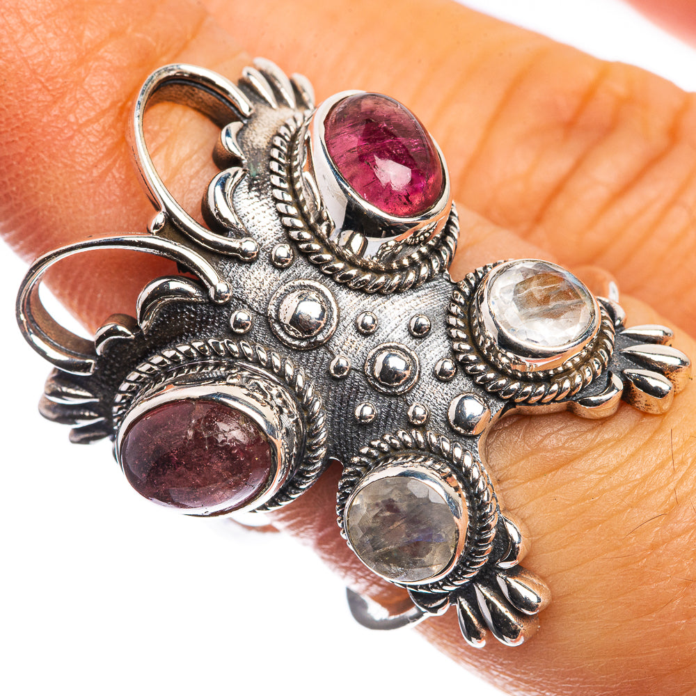 Large Pink Tourmlaine, Rainbow Moonstone 925 Sterling Silver Ring Size 6.5