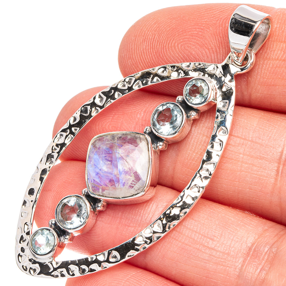 Rainbow Moonstone, Blue Topaz 925 Sterling Silver Premium Pendants 2 1/8" (925 Sterling Silver) P43707