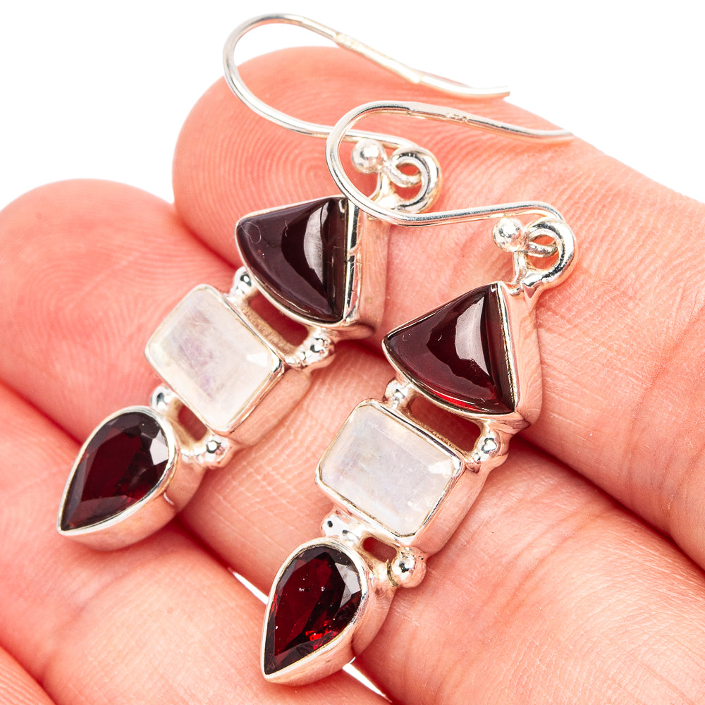 Garnet, Rainbow Moonstone 925 Sterling Silver Earrings 1 5/8" (925 Sterling Silver) E2219