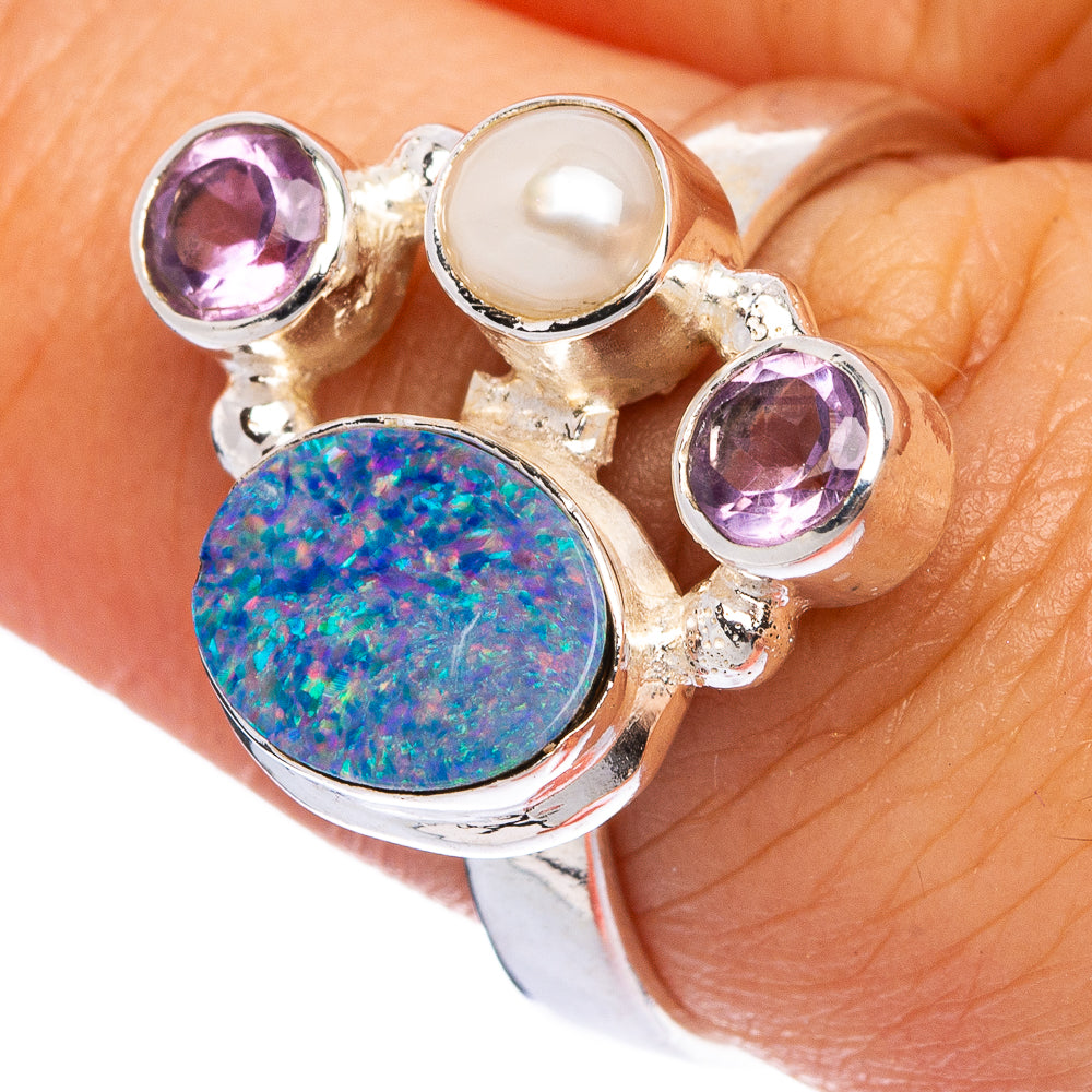 Rare Australian Fire Opal, Amethyst, Cultured Pearl Ring Size 7.75 (925 Sterling Silver) R145597