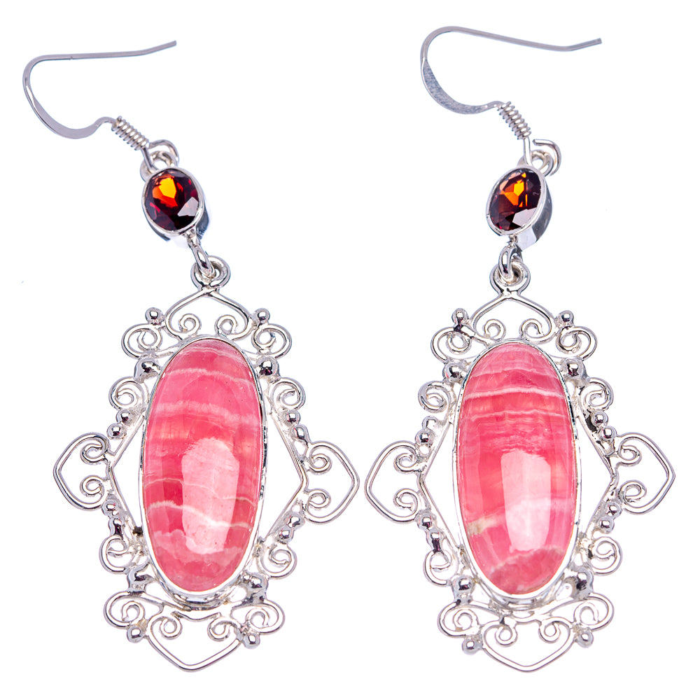 Signature Rhodochrosite, Garnet Earrings 2 3/4" (.925 Sterling Silver)