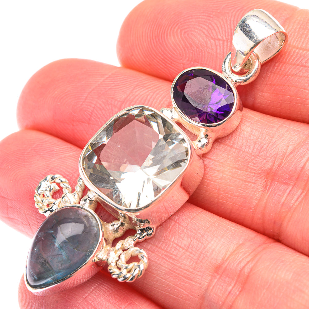 White Quartz, Blue Fluorite, Amethyst Pendant 1 7/8" (925 Sterling Silver) PD38515