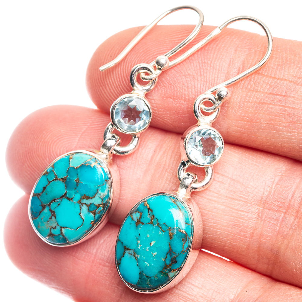 Blue Copper Composite Turquoise, Blue Topaz Earrings 1 5/8" (925 Sterling Silver) E432624