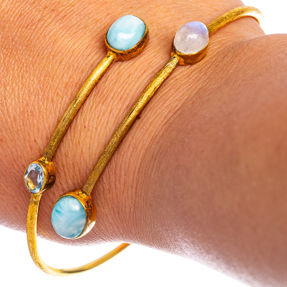 Larimar, Rainbow Moonstone, Blue Topaz Cuff Bracelet 7 To 8" (925 Sterling Silver) BR90333