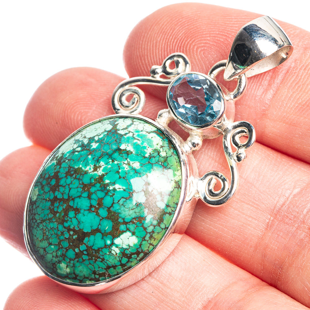 Tibetan Turquoise, Blue Topaz 925 Sterling Silver Pendant 1 5/8"
