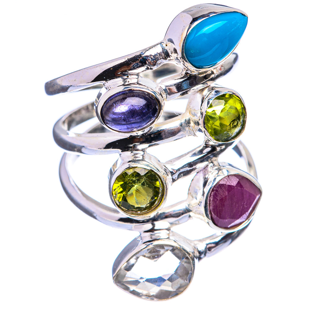 Large Sleeping Beauty Turquoise, Peridot, Tanzanite, Ruby, White Quartz Ring Size 8 (925 Sterling Silver) R142915
