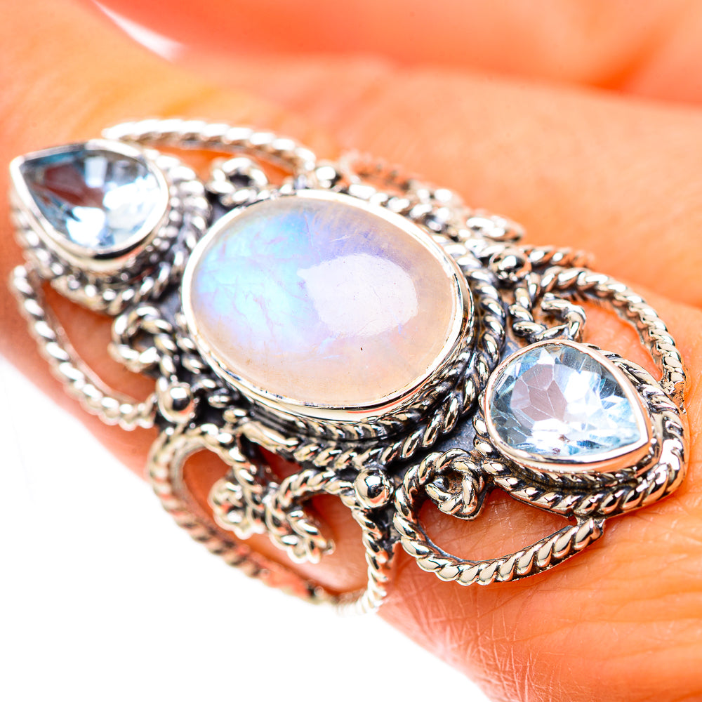 Signature Large Rainbow Moonstone, Blue Topaz Ring Size 8 (925 Sterling Silver) RING138306