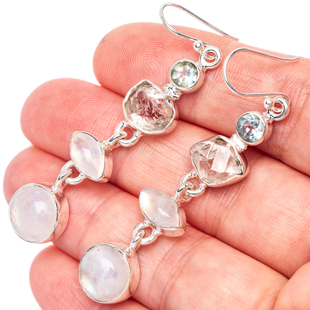 Premium Rainbow Moonstone, Herkimer Diamond, Blue Topaz 925 Sterling Silver Earrings 2 3/8" (925 Sterling Silver) E1223