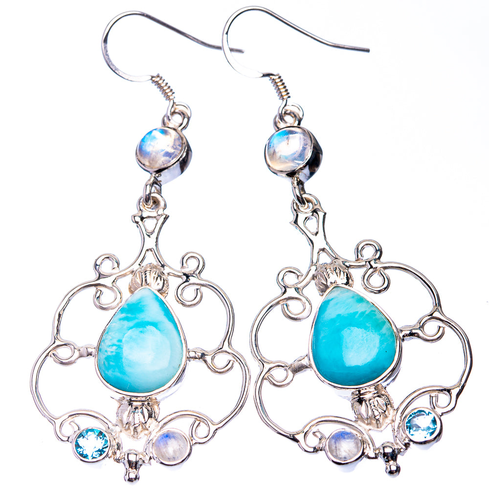 Signature Larimar, Rainbow Moonstone, Blue Topaz Earrings 2 5/8" (925 Sterling Silver) E432332