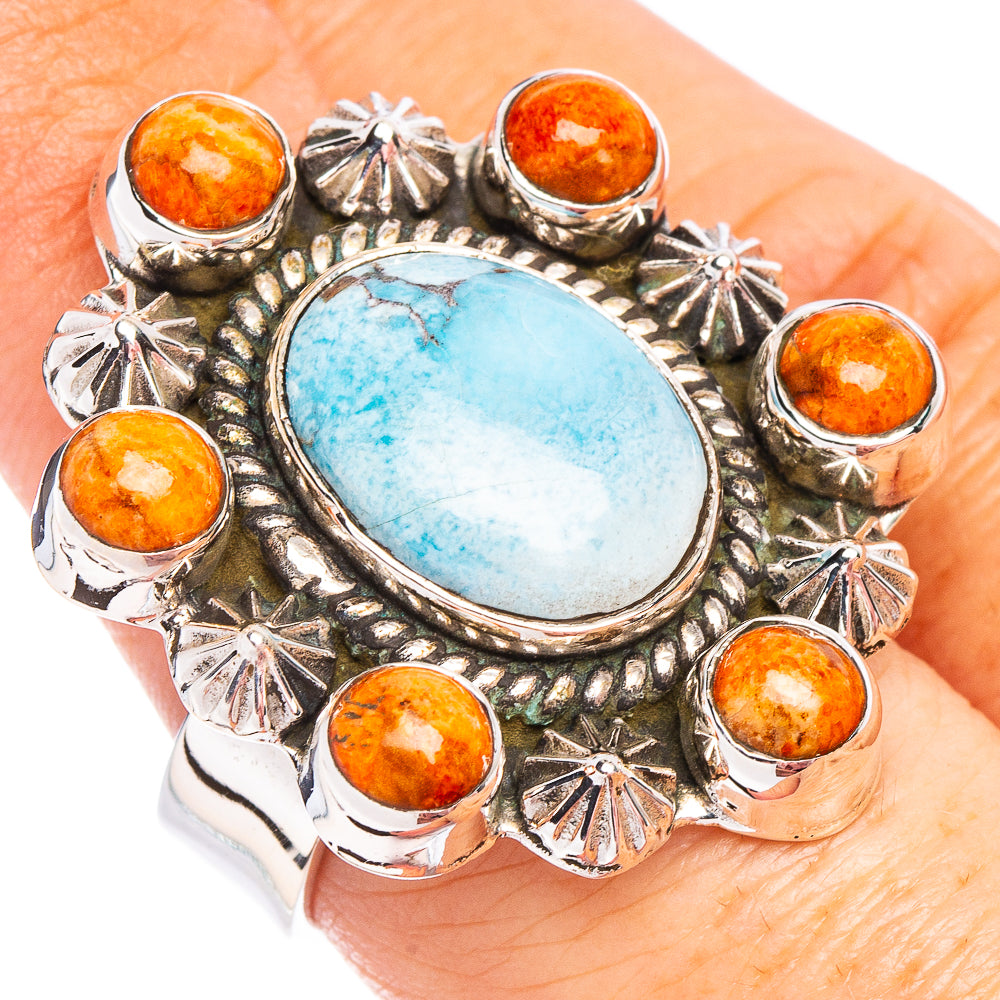 Golden Hills Turquoise Native Style, Sponge Coral Ring Size 6 Adjustable (.925 Sterling Silver) Exclusive