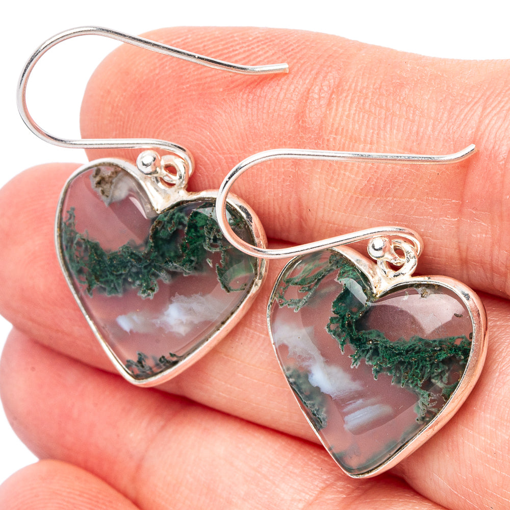 Green Moss Agate Heart Earrings 1 3/8" (.925 Sterling Silver)