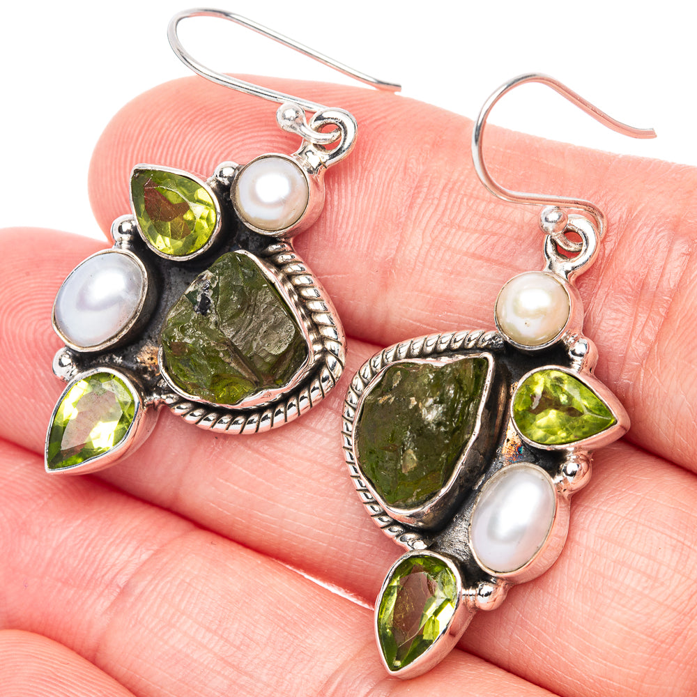 Premium Rough Peridot, Cultured Pearl 925 Sterling Silver Earrings 1 5/8" (925 Sterling Silver) E1212