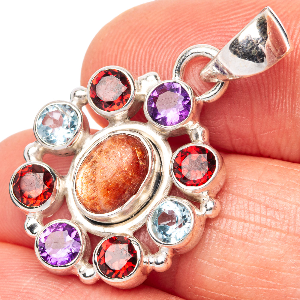 Sunstone, Garnet, Amethyst, Blue Topaz Pendant 1 1/4" (925 Sterling Silver) P42809