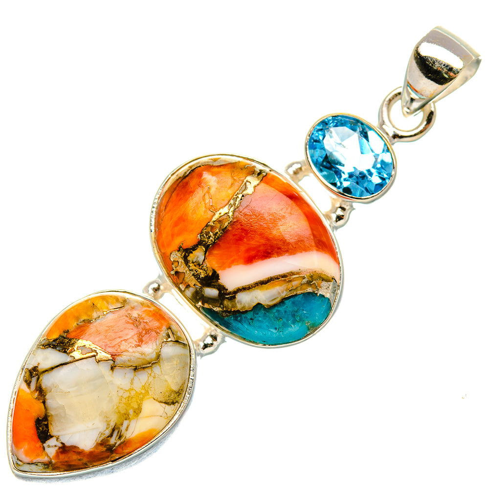 Spiny Oyster Turquoise, Blue Topaz Pendant 2 1/8" (925 Sterling Silver) PD37983