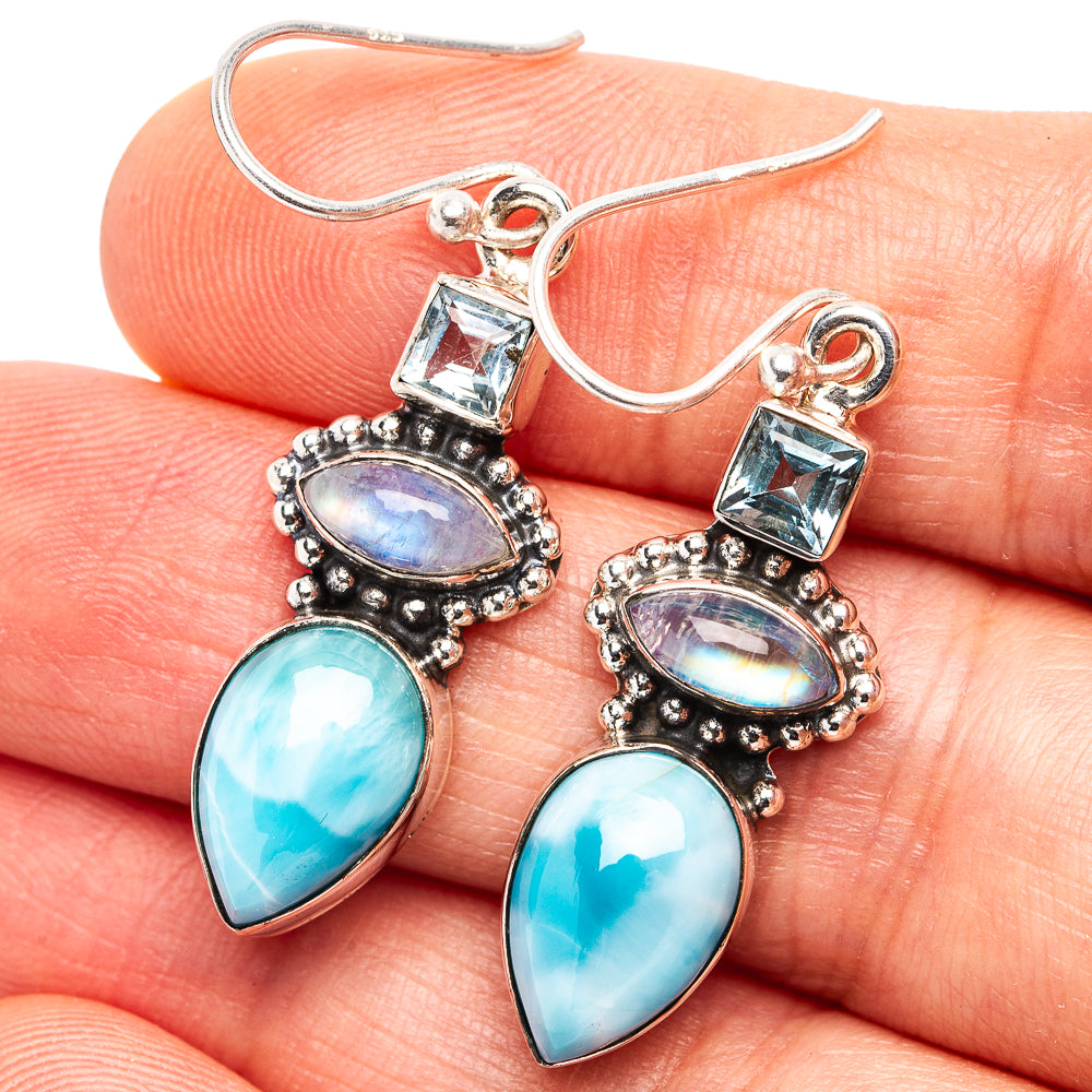 Premium Larimar, Rainbow Moonstone, Blue Topaz Earrings 1 5/8" (.925 Sterling Silver)