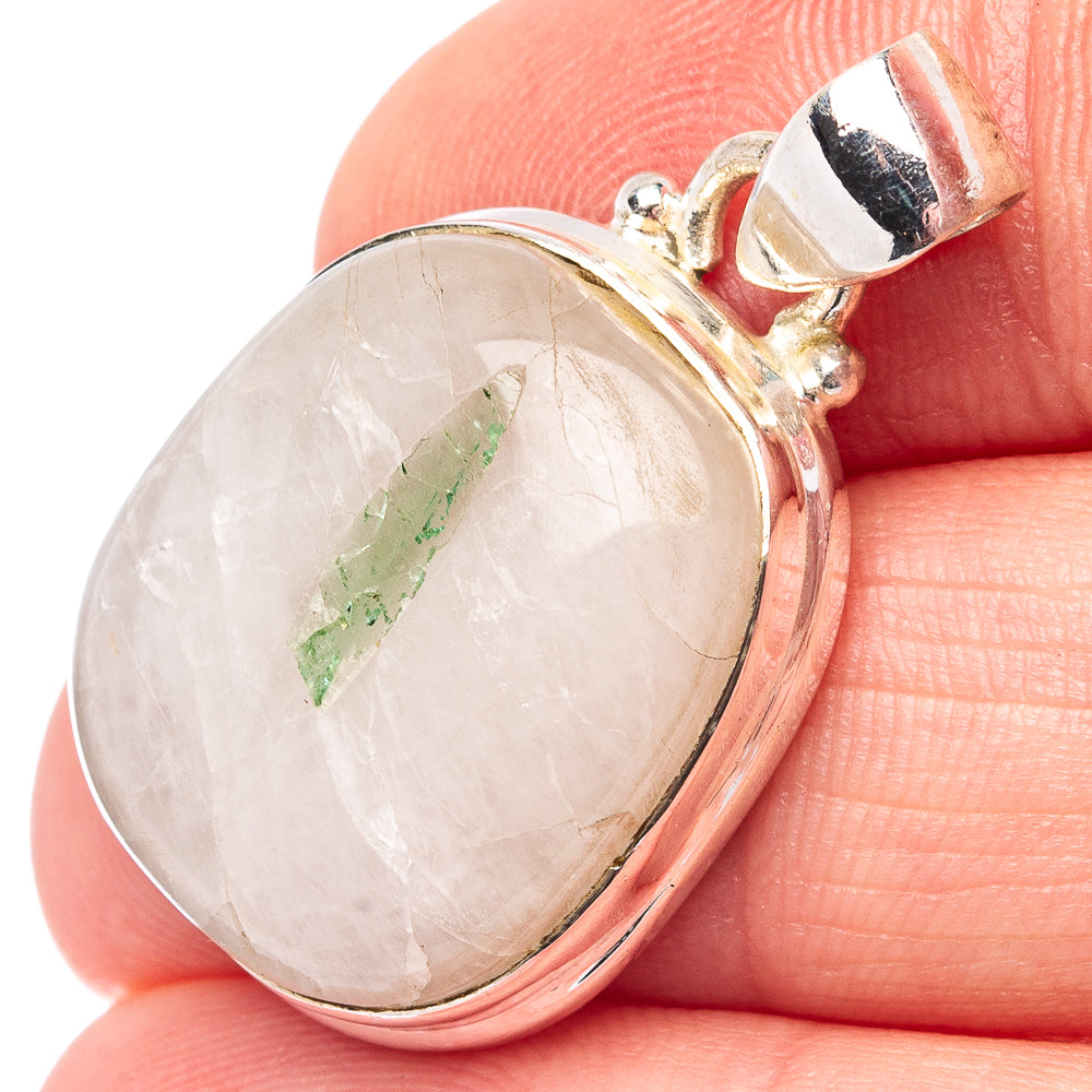 Green Tourmaline In Quartz Pendant 1 1/4" (.925 Sterling Silver)