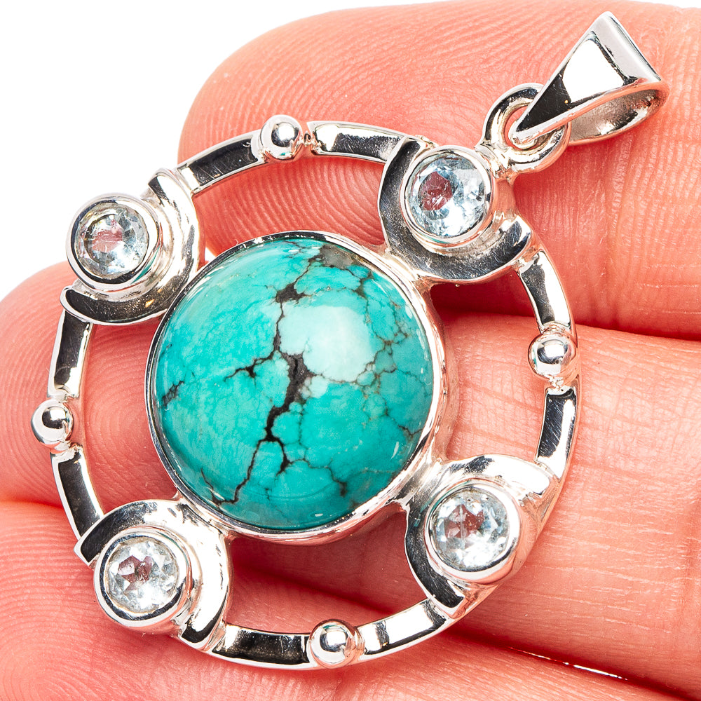 Tibetan Turquoise, Blue Topaz 925 Sterling Silver Premium Pendants 1 1/2" (925 Sterling Silver) P43696