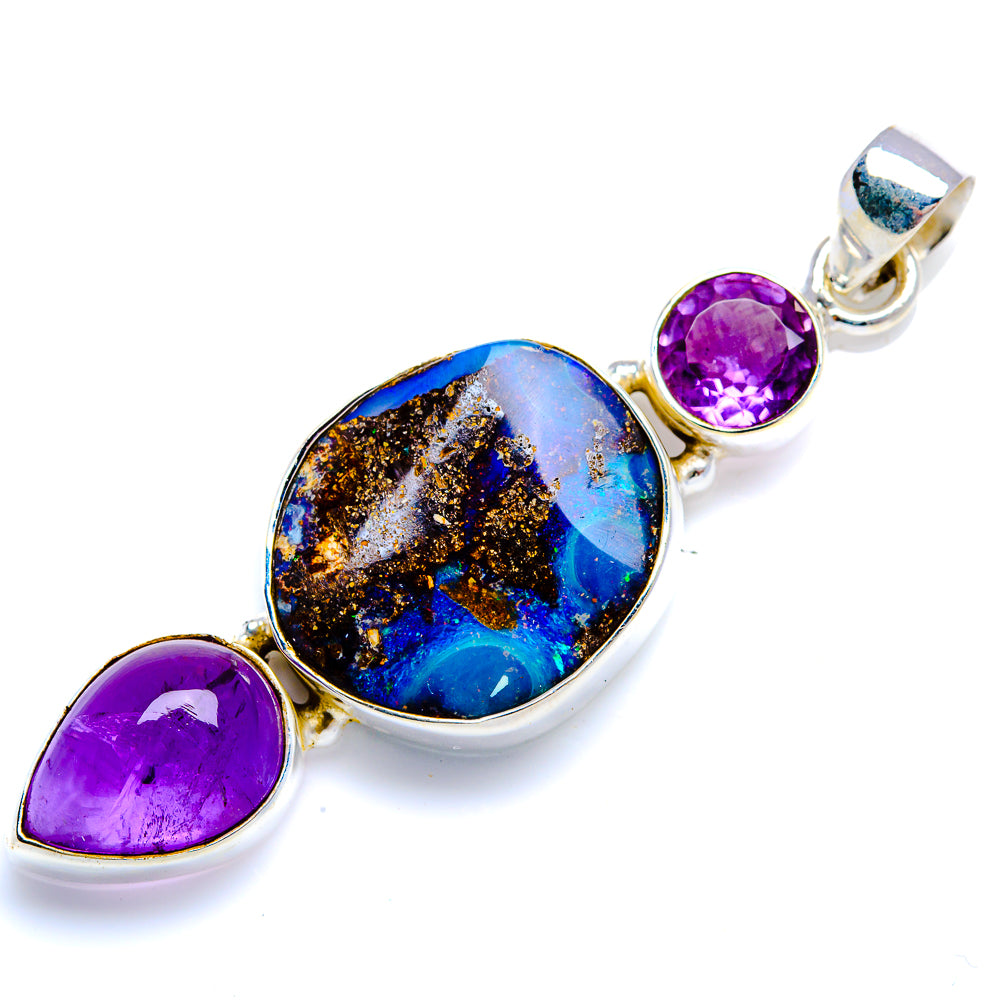Boulder Opal, Amethyst 925 Sterling Silver Pendant 2 1/4" (925 Sterling Silver) PD38410